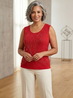 Lavena NEW Red Sleeveless Embroidered Gems VNeck Sparkly Cocktail Top Sz XL NWT